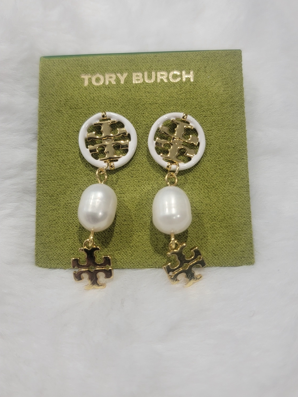 Tory Burch Gold and White Logo Pearl Drop Earrings